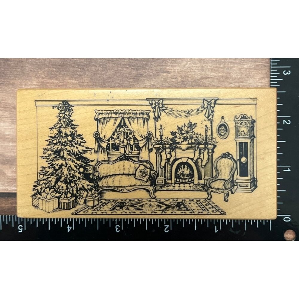 Vintage Rubber Stamp Victorian Christmas Living Room Scene PSX K-2341